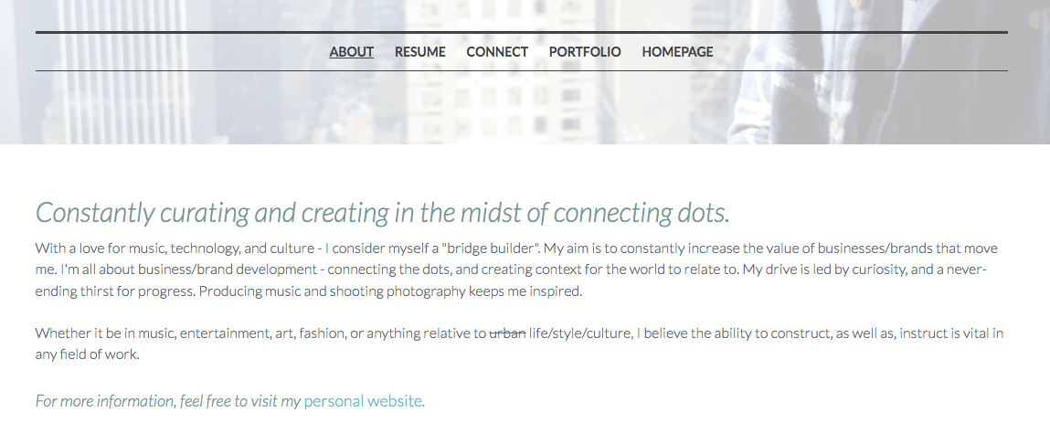 The 'About Me' section of a photographer's personal website created on Strikingly The 'About Me' section of a photographer's personal website created on Strikingly